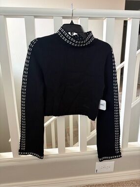 Coach Black Cropped Sweater with White Ladder-Stitch Accents